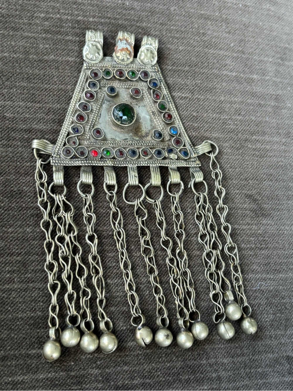 Antique Kuchi Nickel Silver Fringe Pendant Necklace Glass/Bead Accents